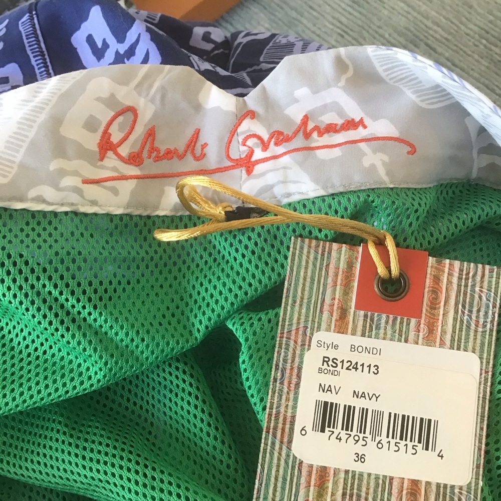 NEW Robert Graham Navy Blue Bondi Logo Lined Board Shorts Swim Trunks 36 10” ins - Picture 3 of 3